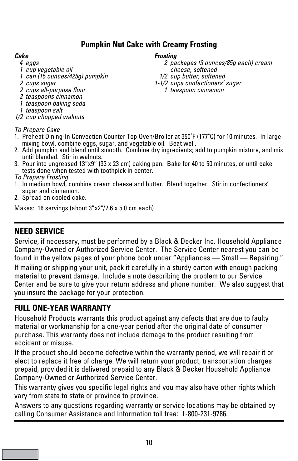 Warranty, Need service, Full one-year warranty | Pumpkin nut cake with creamy frosting | Black & Decker CTO9000 User Manual | Page 10 / 32