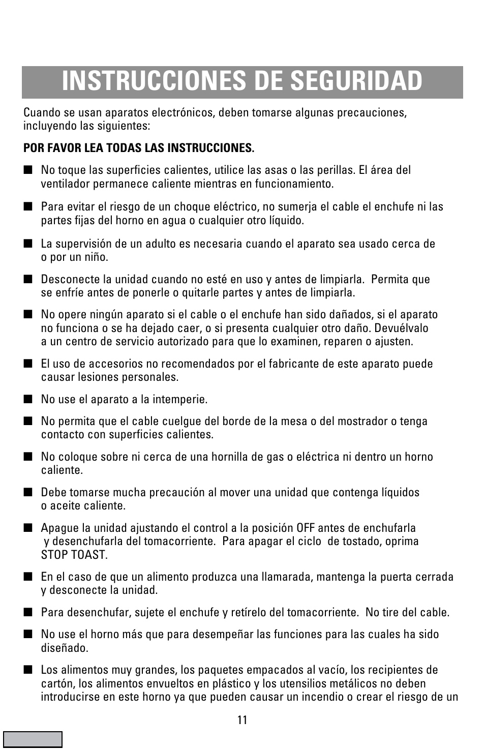 Instrucciones, Horno y asador de convección, Español pg. 11) | Instrucciones de seguridad | Black & Decker CTO9000 User Manual | Page 11 / 32