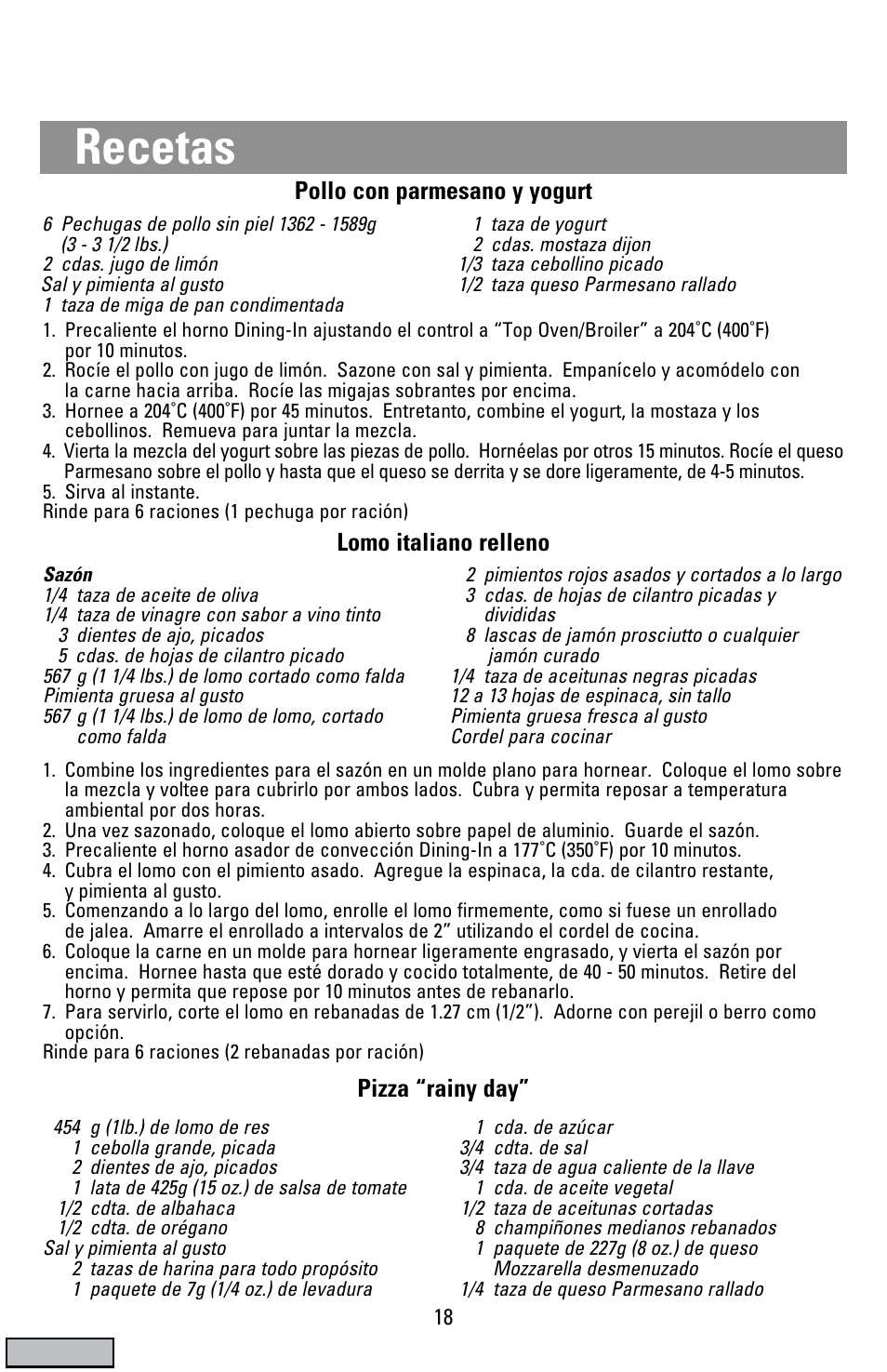 Recetas, Lomo italiano relleno, Pollo con parmesano y yogurt | Pizza “rainy day | Black & Decker CTO9000 User Manual | Page 18 / 32