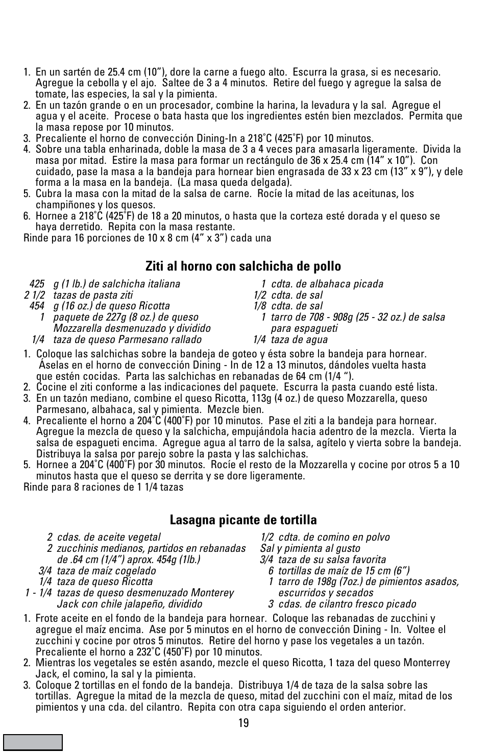 Lasagna picante de tortilla, Ziti al horno con salchicha de pollo | Black & Decker CTO9000 User Manual | Page 19 / 32