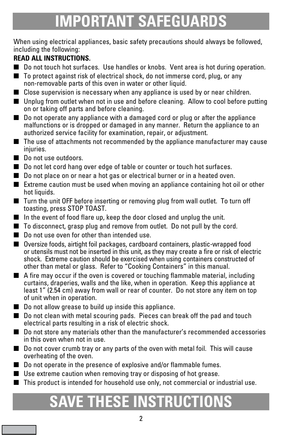 Safegaurds, Convection counter top oven/broiler, Important safeguards save these instructions | Black & Decker CTO9000 User Manual | Page 2 / 32