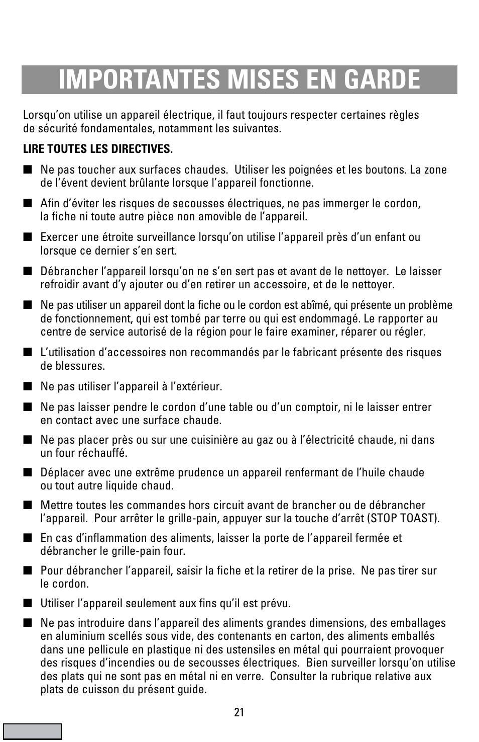 Mises en garde, Four-rôtissoire à convection de comptoir, Français p. 21) | Importantes mises en garde | Black & Decker CTO9000 User Manual | Page 21 / 32