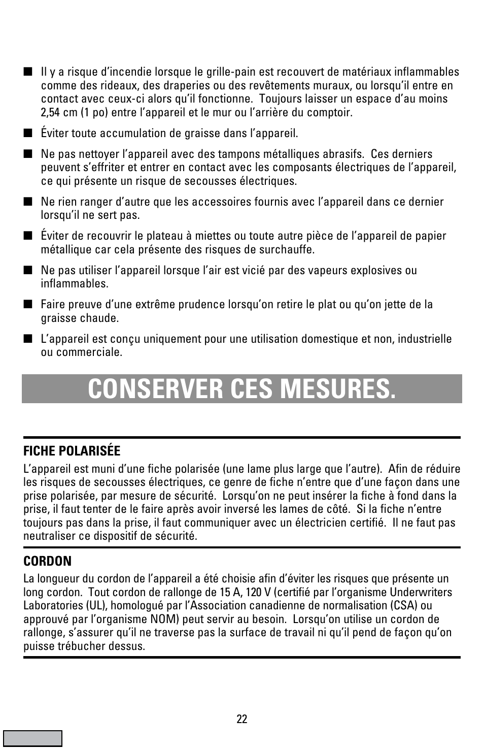 Conserver ces mesures | Black & Decker CTO9000 User Manual | Page 22 / 32