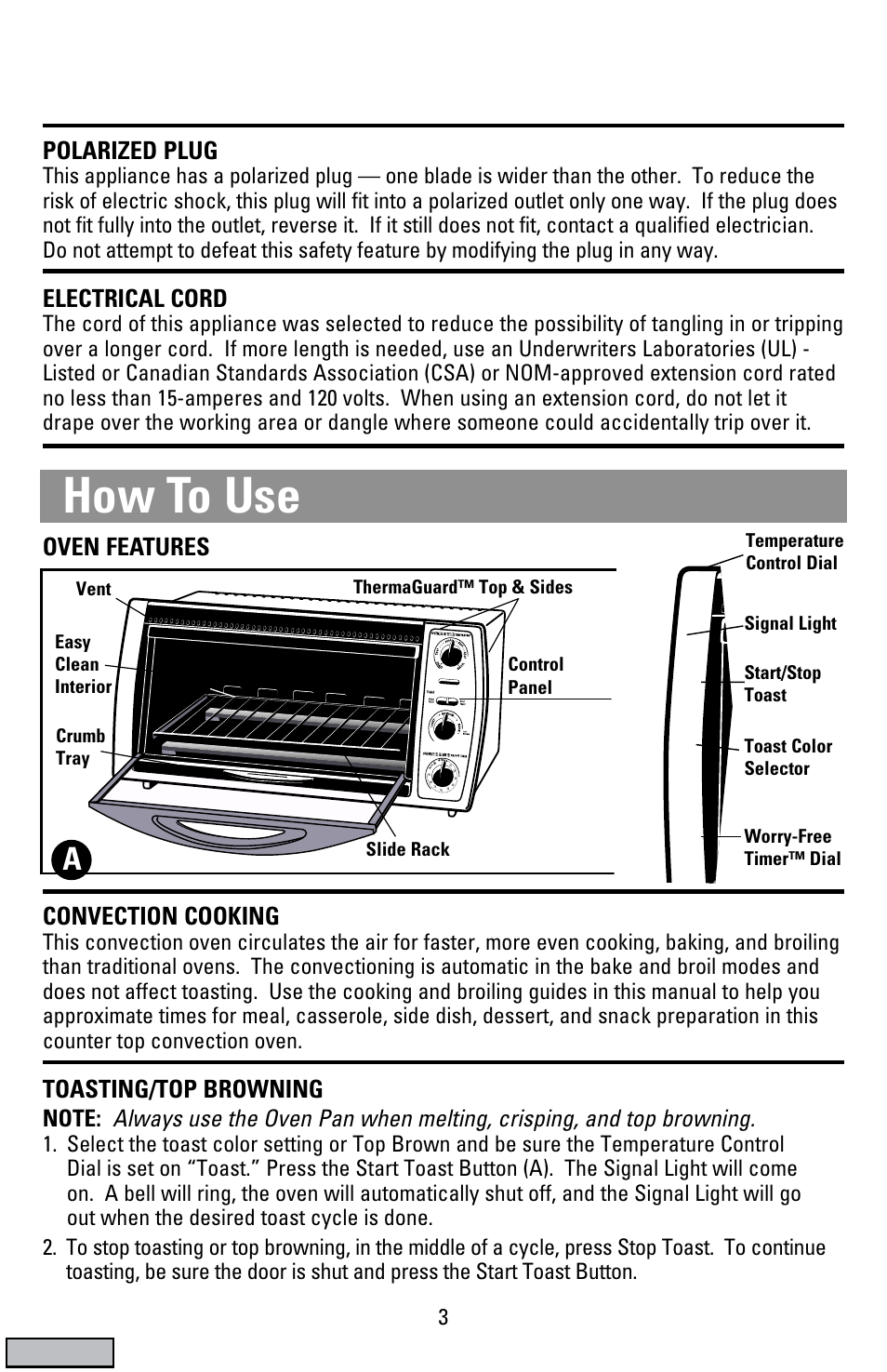 How to use, Polarized plug, Electrical cord | Oven features, Convection cooking, Toasting/top browning, Cover | Black & Decker CTO9000 User Manual | Page 3 / 32