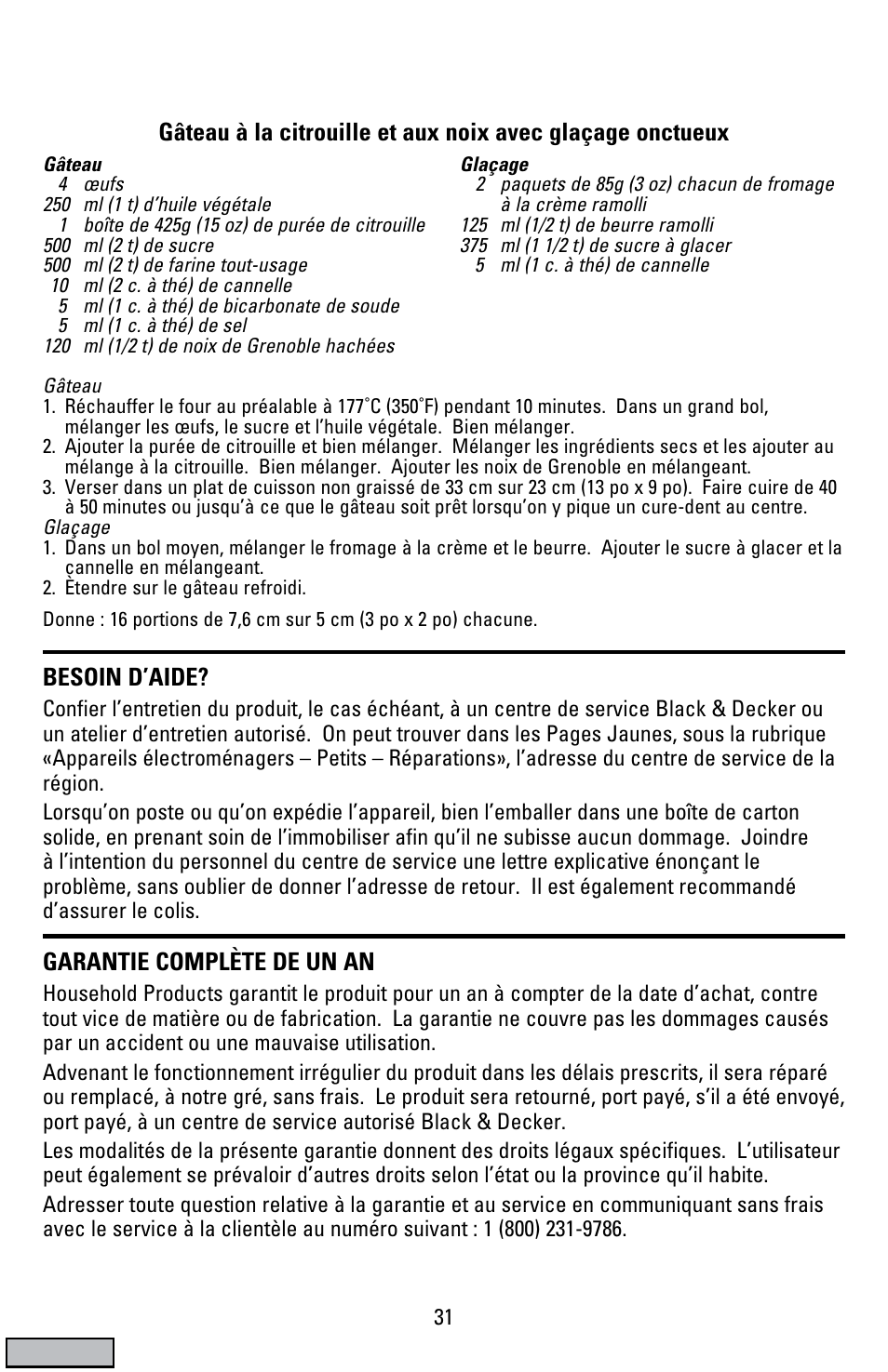 Garantie, Besoin d’aide, Garantie complète de un an | Black & Decker CTO9000 User Manual | Page 31 / 32