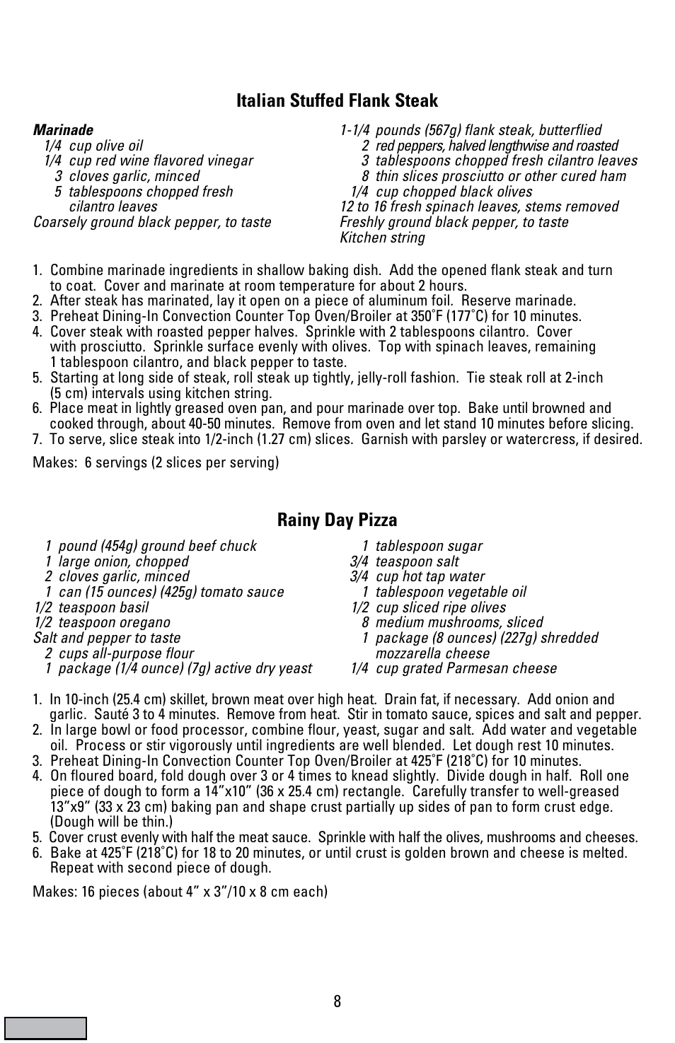 Rainy day pizza, Italian stuffed flank steak | Black & Decker CTO9000 User Manual | Page 8 / 32