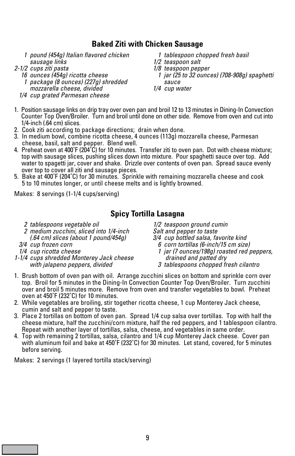 Spicy tortilla lasagna, Baked ziti with chicken sausage | Black & Decker CTO9000 User Manual | Page 9 / 32