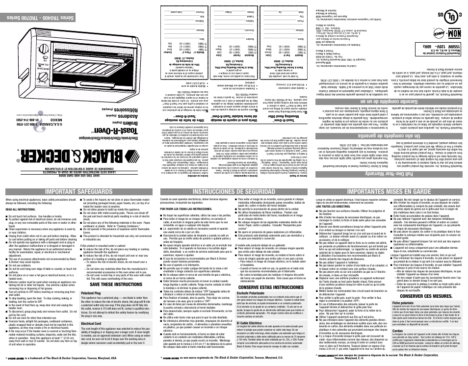 Mises en garde, T oast-r-ov en, Important safeguards | Instrucciones de seguridad, Importantes mises en garde, Broilers, Asadores, Rôtissoires, Full one-y ear w arranty, Un año completo de garantía | Black & Decker TRO400 series User Manual | Page 4 / 6