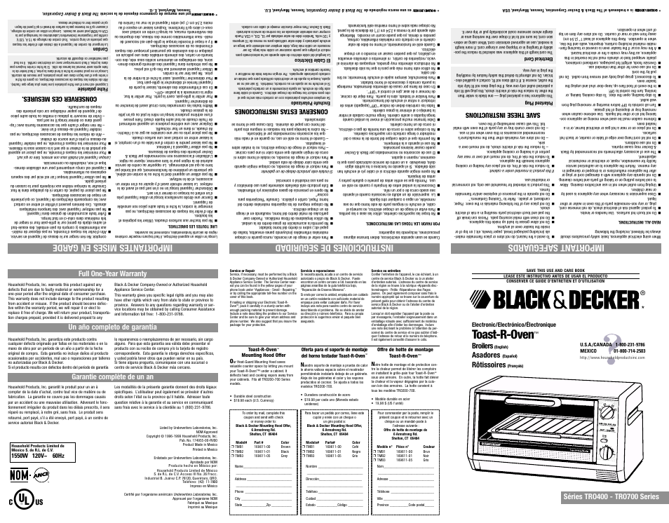 Service or repair, Servicio, Service ou entretien | Toast-r-oven, Important safeguards, Instrucciones de segurid ad, Importantes mises en garde, Broilers, Asadores, Rôtissoires | Black & Decker TRO400 series User Manual | Page 5 / 6