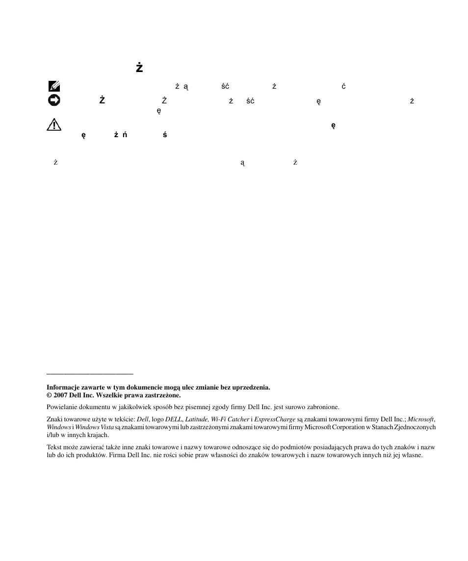 Uwagi, ostrze ż enia i przestrogi | Dell Latitude D630 ATG (Mid 2007) User Manual | Page 102 / 178