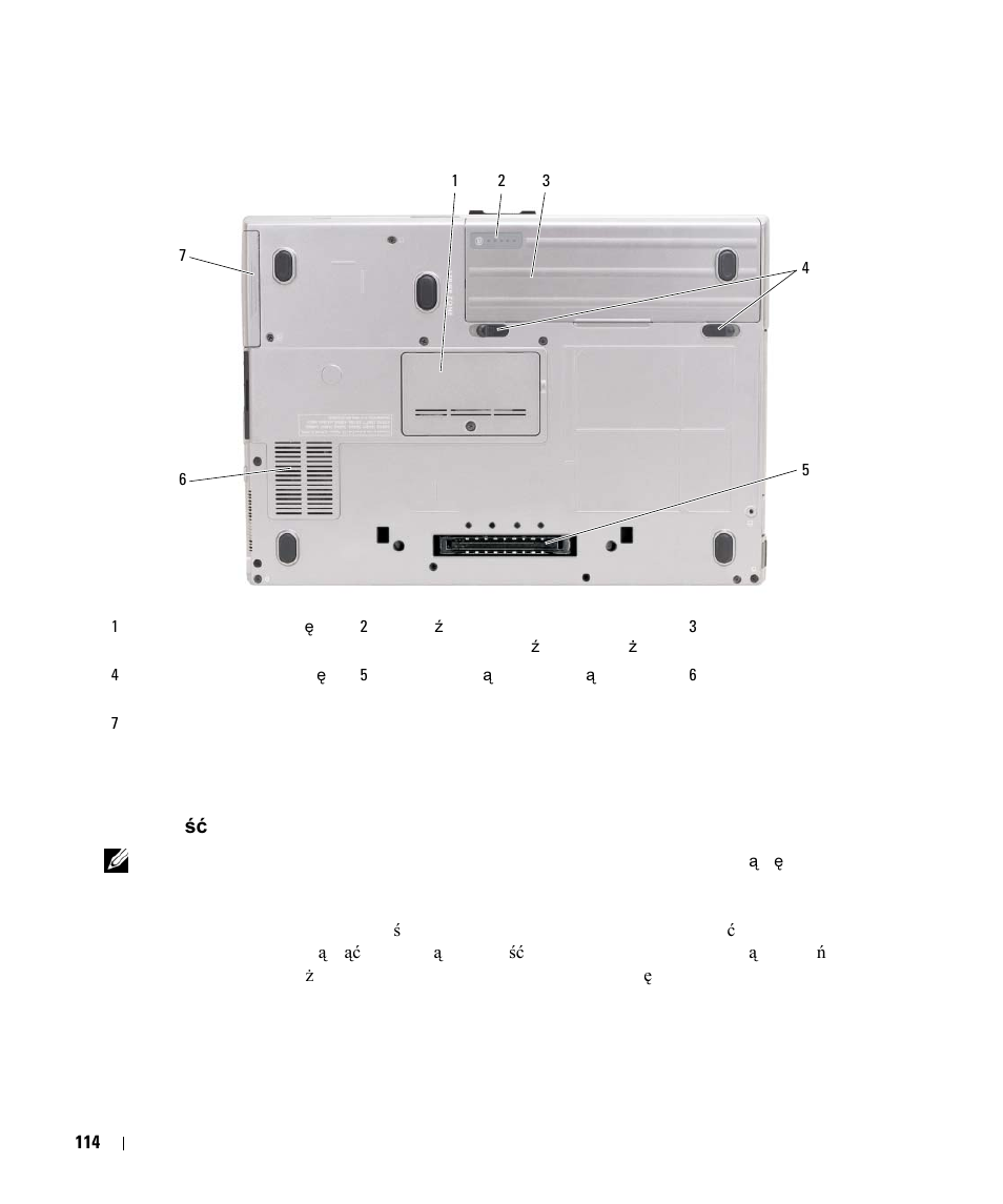 Widok z dołu, Korzystanie z akumulatora, Wydajność akumulatora | Wydajno, Akumulatora | Dell Latitude D630 ATG (Mid 2007) User Manual | Page 114 / 178