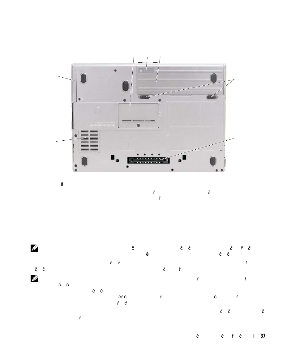 Pohled zespodu, Používání baterie, Výkon baterie | Dell Latitude D630 ATG (Mid 2007) User Manual | Page 37 / 178