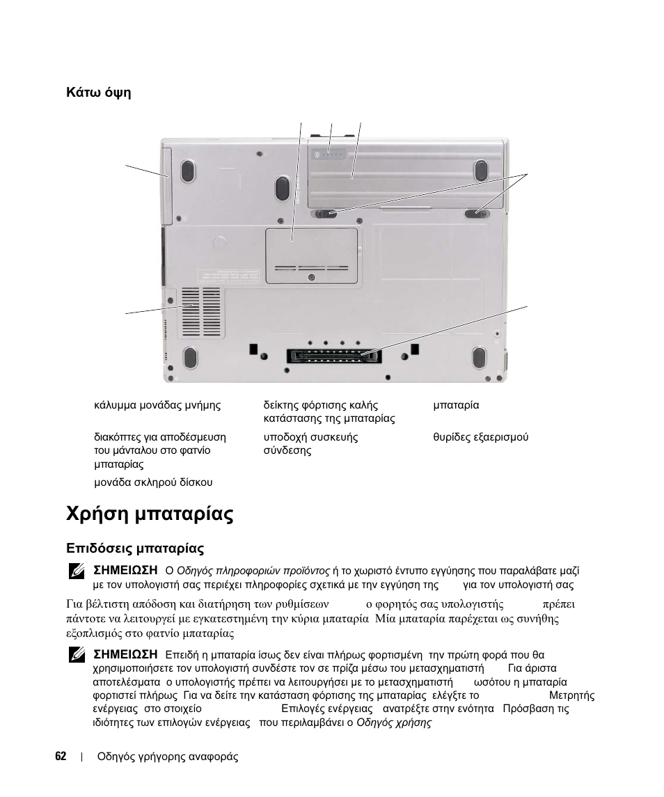 Κάτω όψη, Χρήση μπαταρίας, Επιδόσεις μπαταρίας | Κάτω, Χρήση, Μπαταρίας, Επιδόσεις, Χρήση µπαταρίας, Επιδόσεις µπαταρίας | Dell Latitude D630 ATG (Mid 2007) User Manual | Page 62 / 178