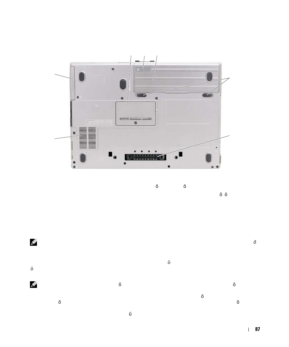 Alulnézet, Az akkumulátor használata, Az akkumulátor teljesítménye | Dell Latitude D630 ATG (Mid 2007) User Manual | Page 87 / 178