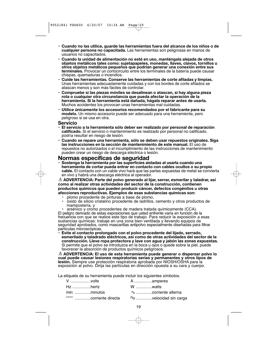 Normas específicas de seguridad | Black & Decker Fire Storm FSD600 User Manual | Page 19 / 28