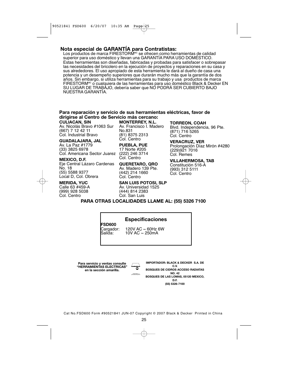 Especificaciones, Nota especial de garantía para contratistas | Black & Decker Fire Storm FSD600 User Manual | Page 25 / 28