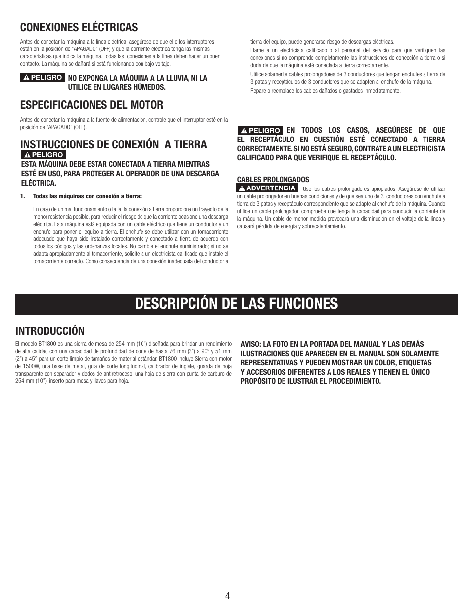 Descripción de las funciones, Especificaciones del motor, Instrucciones de conexión a tierra | Conexiones eléctricas introducción | Black & Decker BT1800 User Manual | Page 4 / 52