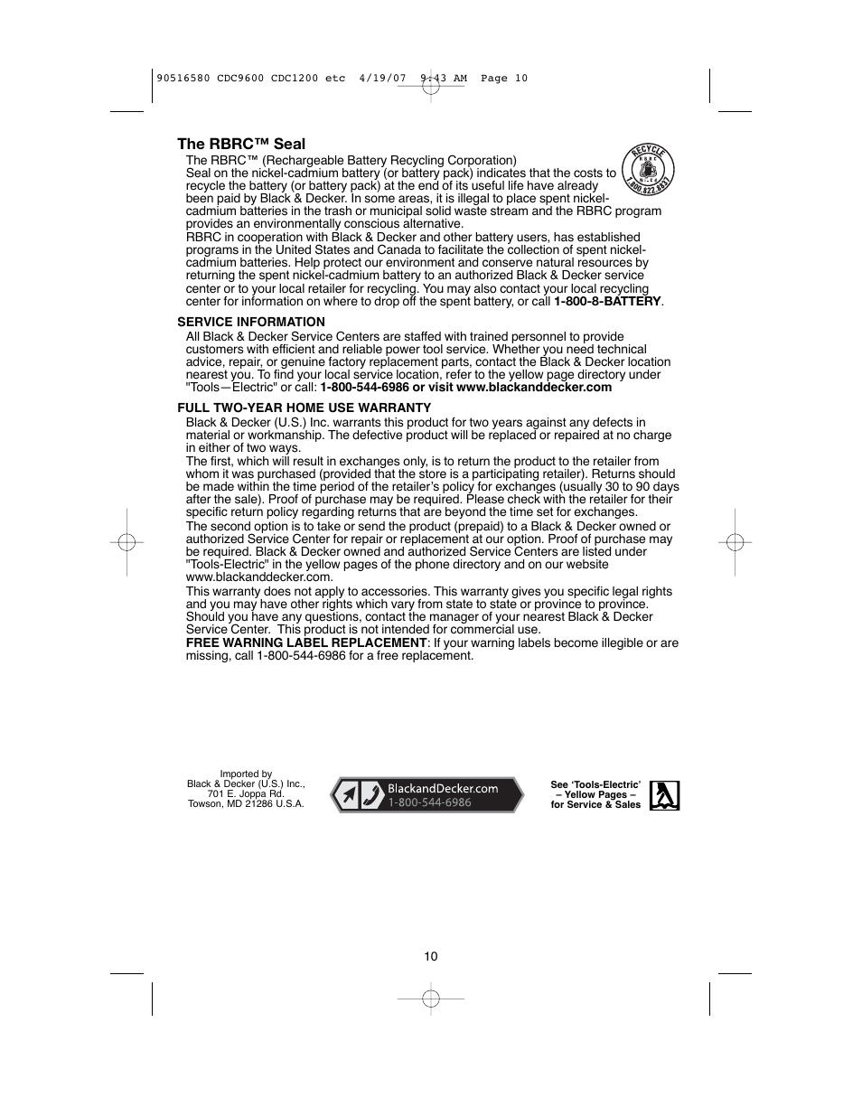 The rbrc™ seal | Black & Decker CDC9600 User Manual | Page 10 / 36