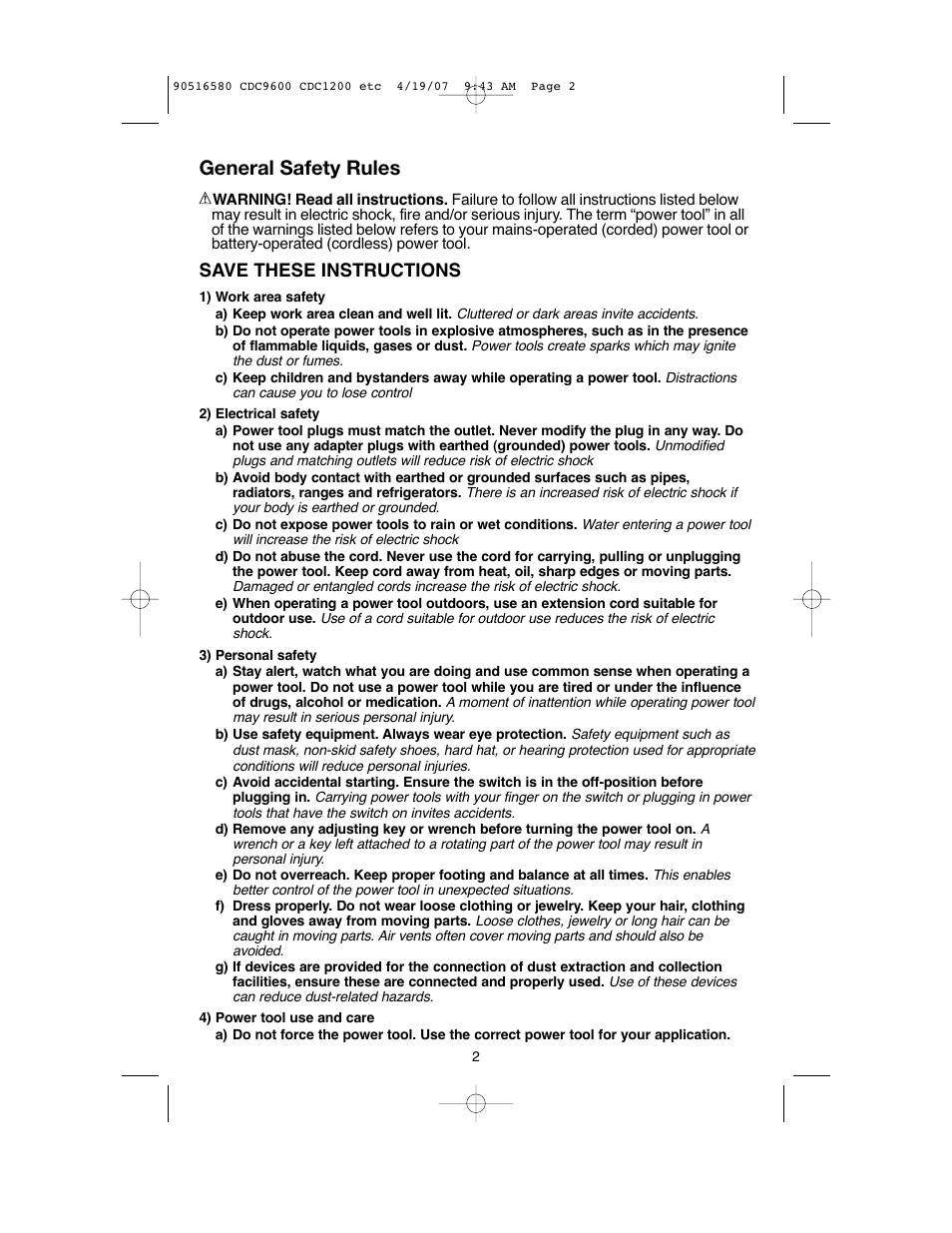 General safety rules, Save these instructions | Black & Decker CDC9600 User Manual | Page 2 / 36