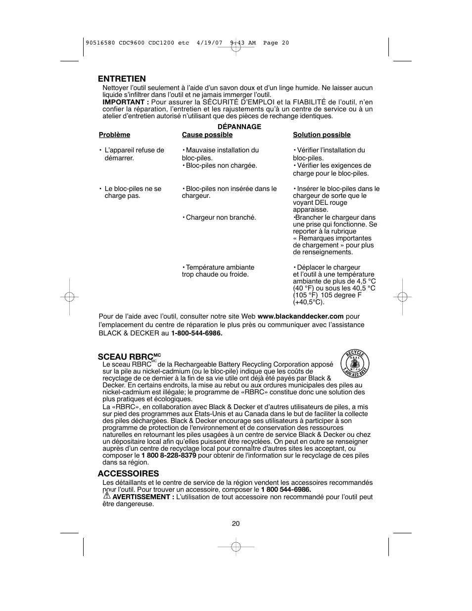 Black & Decker CDC9600 User Manual | Page 20 / 36