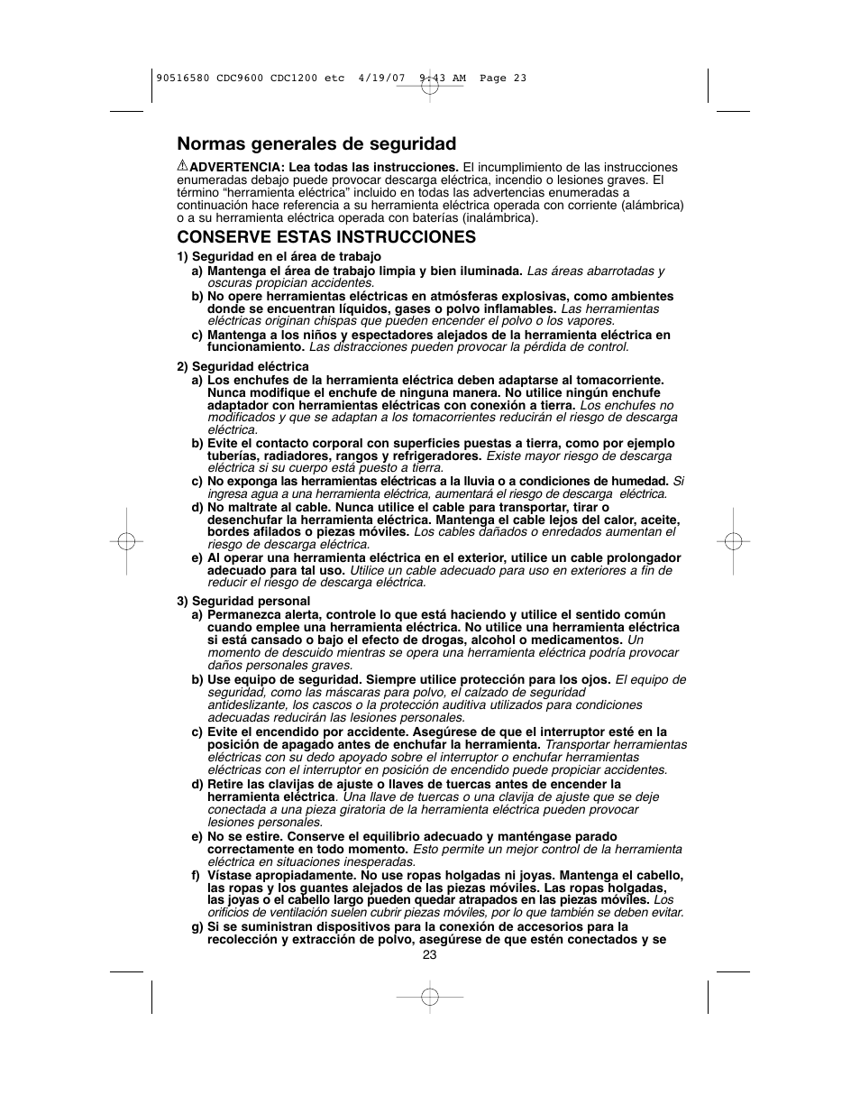 Normas generales de seguridad, Conserve estas instrucciones | Black & Decker CDC9600 User Manual | Page 23 / 36