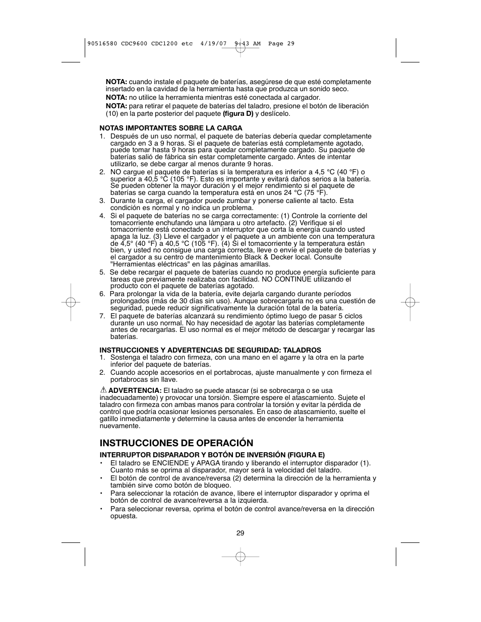 Instrucciones de operación | Black & Decker CDC9600 User Manual | Page 29 / 36