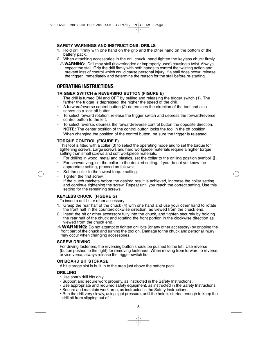 Operating instructions | Black & Decker CDC9600 User Manual | Page 8 / 36