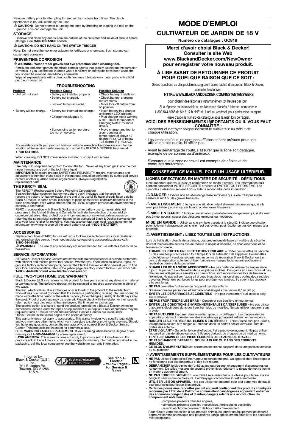 Mode d’emploi, Cultivateur de jardin de 18 v | Black & Decker GC818 User Manual | Page 3 / 7