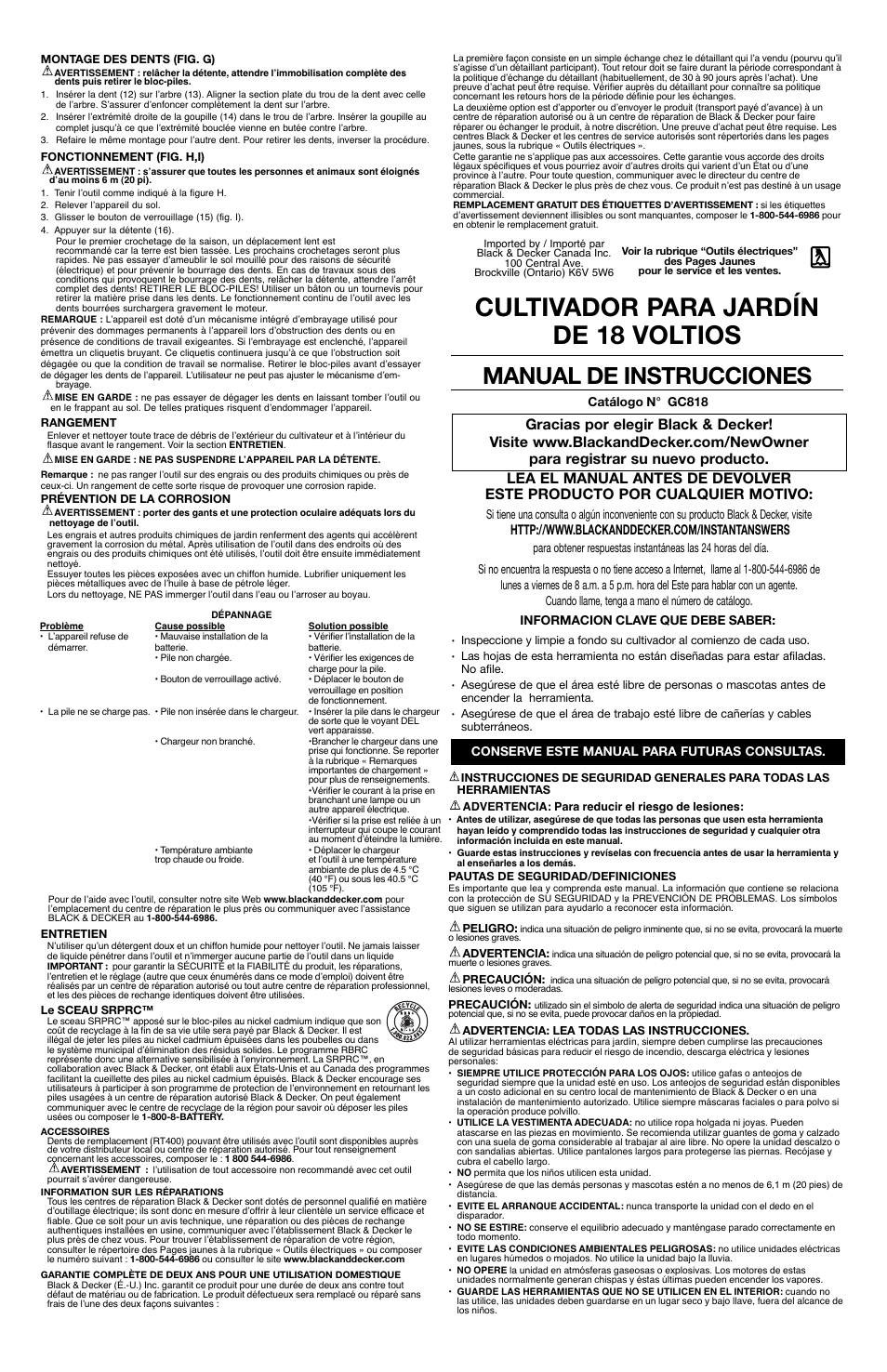 Cultivador para jardín de 18 voltios, Manual de instrucciones | Black & Decker GC818 User Manual | Page 5 / 7