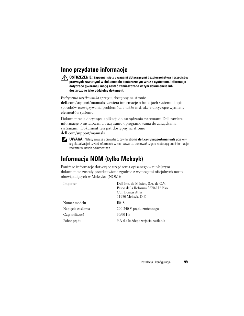 Inne przydatne informacje, Informacja nom (tylko meksyk) | Dell PowerEdge C5230 User Manual | Page 101 / 156