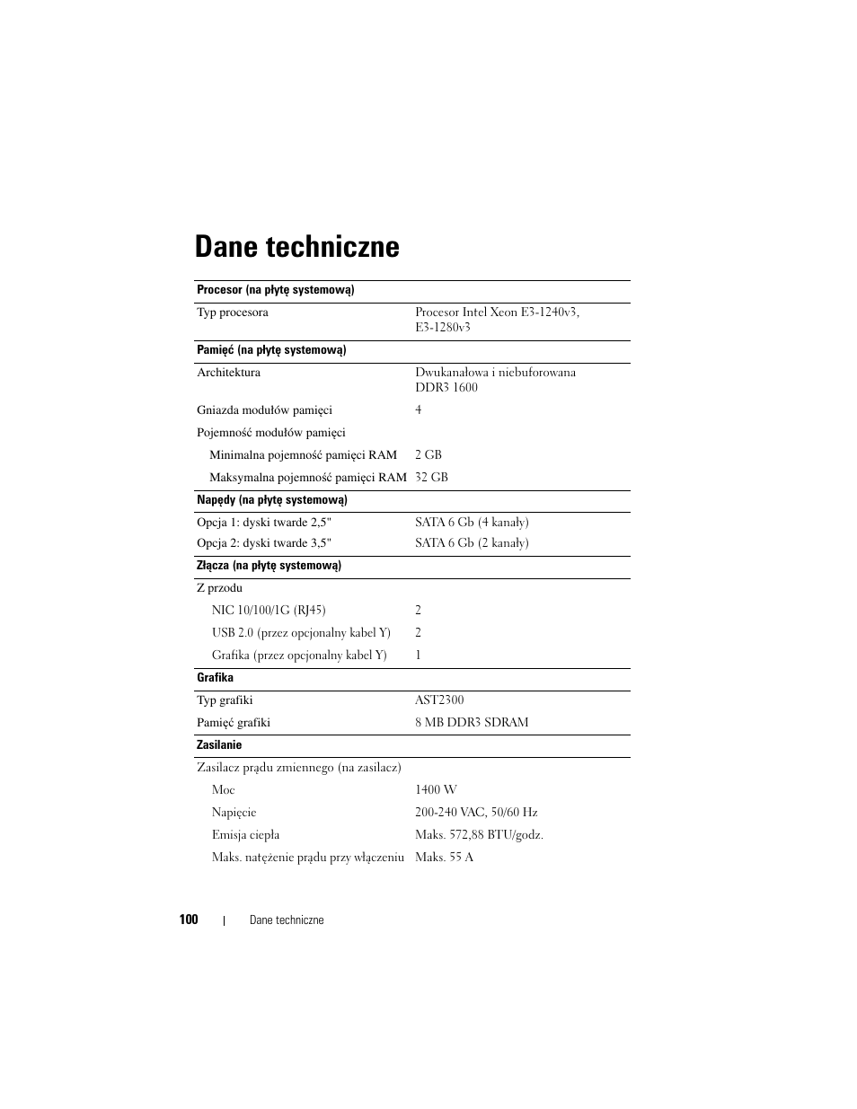Dane techniczne | Dell PowerEdge C5230 User Manual | Page 102 / 156
