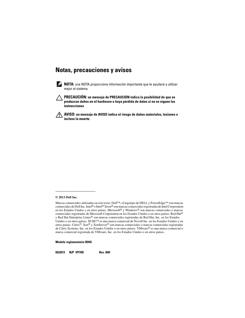 Notas, precauciones y avisos | Dell PowerEdge C5230 User Manual | Page 124 / 156