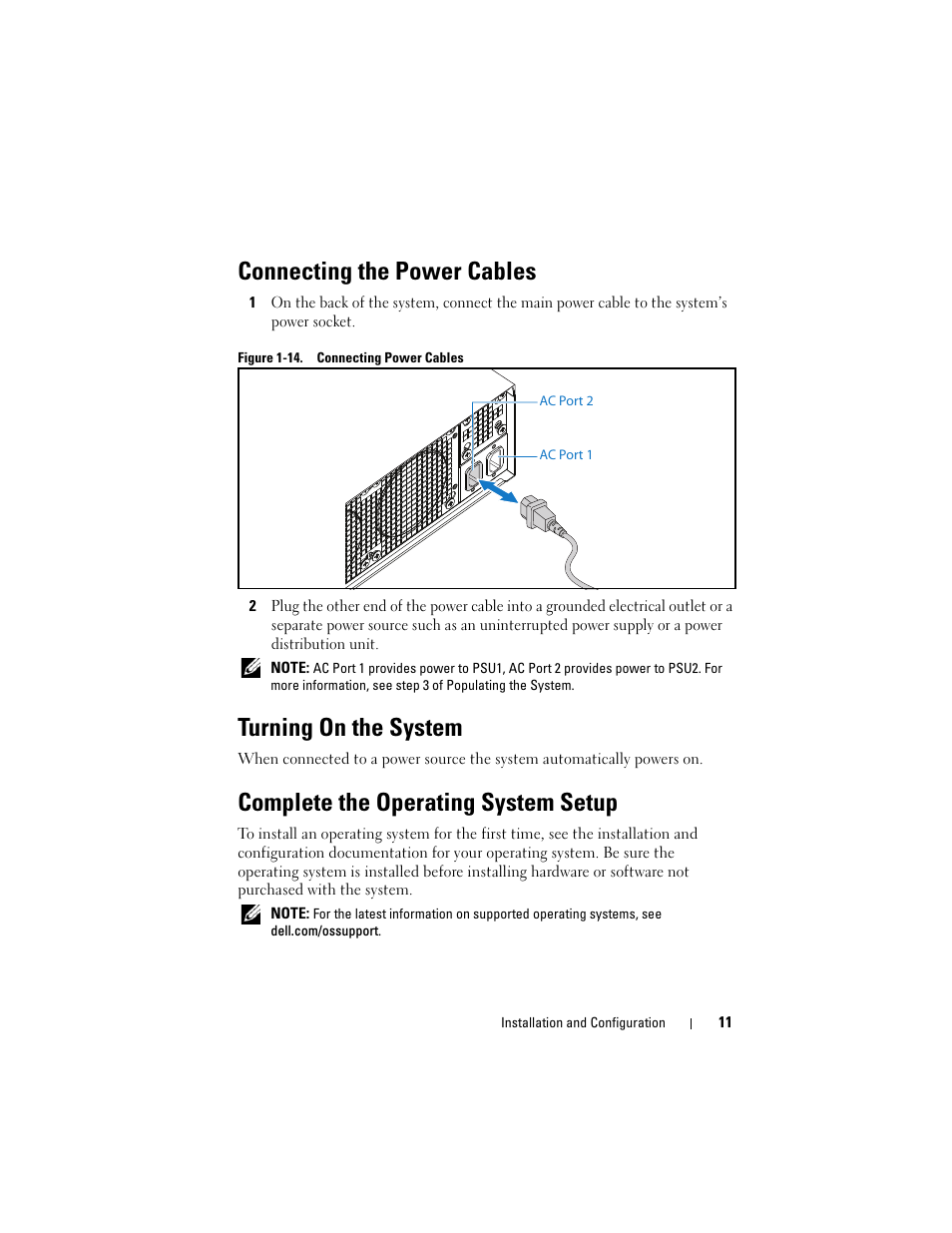 Connecting the power cables, Turning on the system, Complete the operating system setup | Dell PowerEdge C5230 User Manual | Page 13 / 156