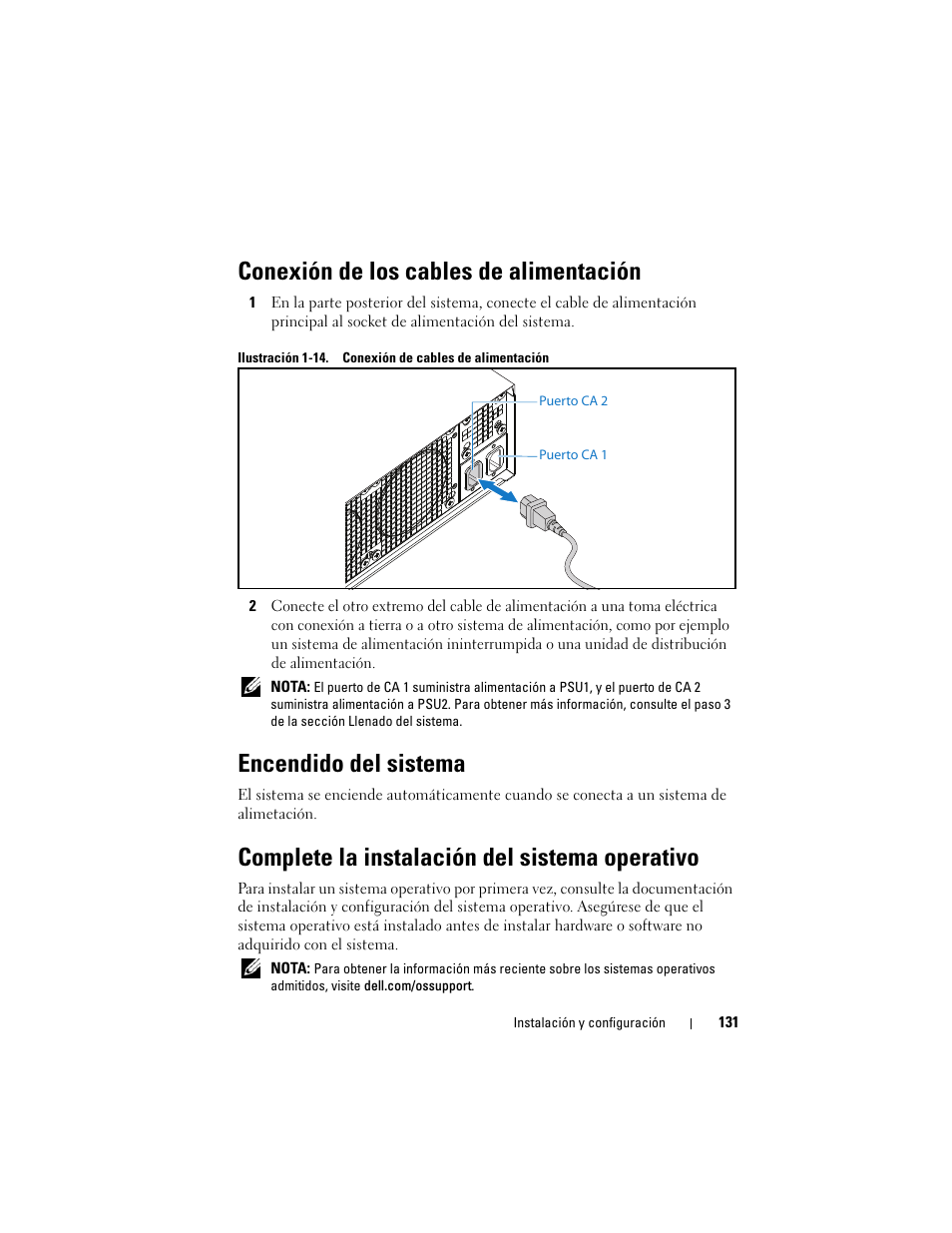 Conexión de los cables de alimentación, Encendido del sistema, Complete la instalación del sistema operativo | Dell PowerEdge C5230 User Manual | Page 133 / 156