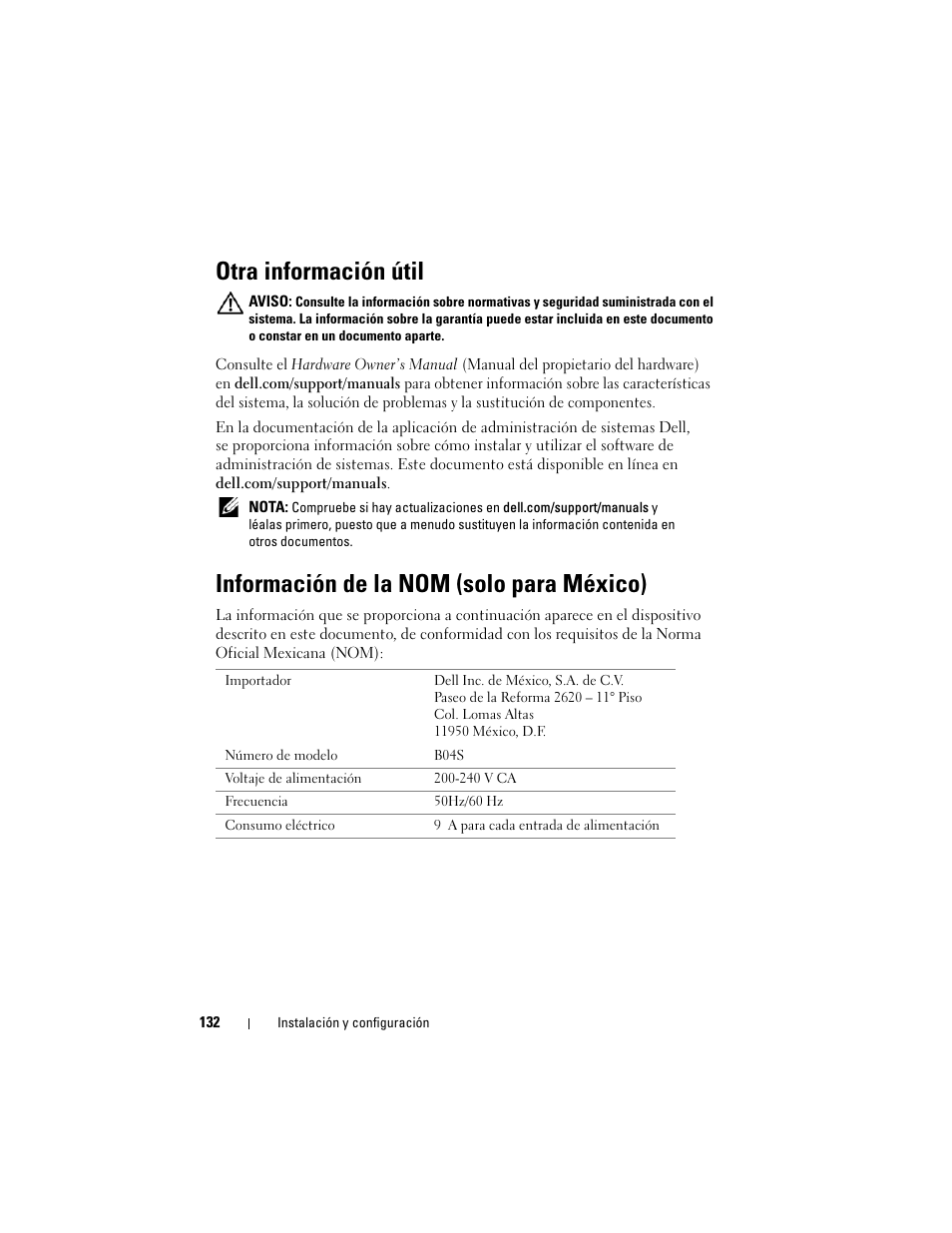 Otra información útil, Información de la nom (solo para méxico) | Dell PowerEdge C5230 User Manual | Page 134 / 156