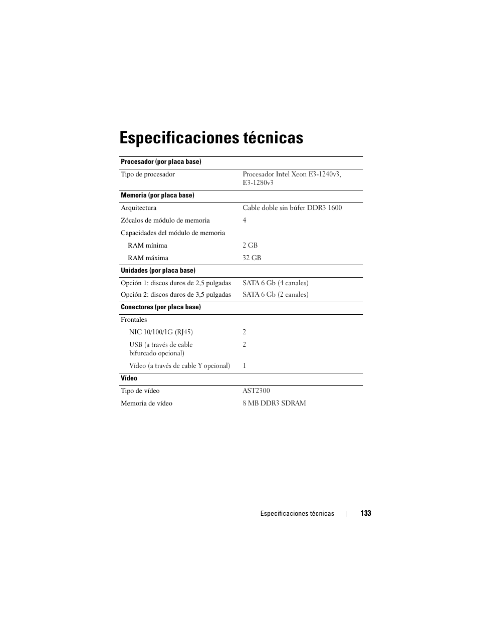 Especificaciones técnicas | Dell PowerEdge C5230 User Manual | Page 135 / 156