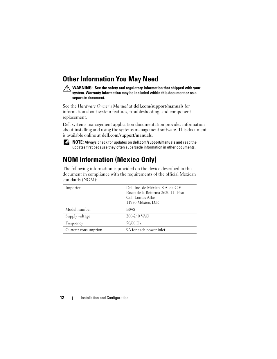 Other information you may need, Nom information (mexico only) | Dell PowerEdge C5230 User Manual | Page 14 / 156