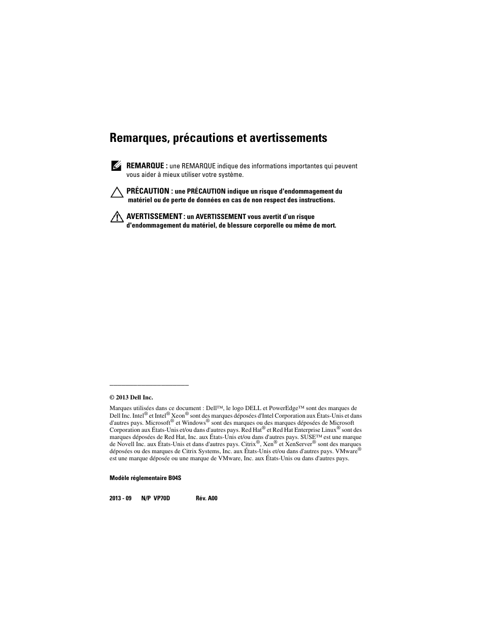 Remarques, précautions et avertissements | Dell PowerEdge C5230 User Manual | Page 36 / 156