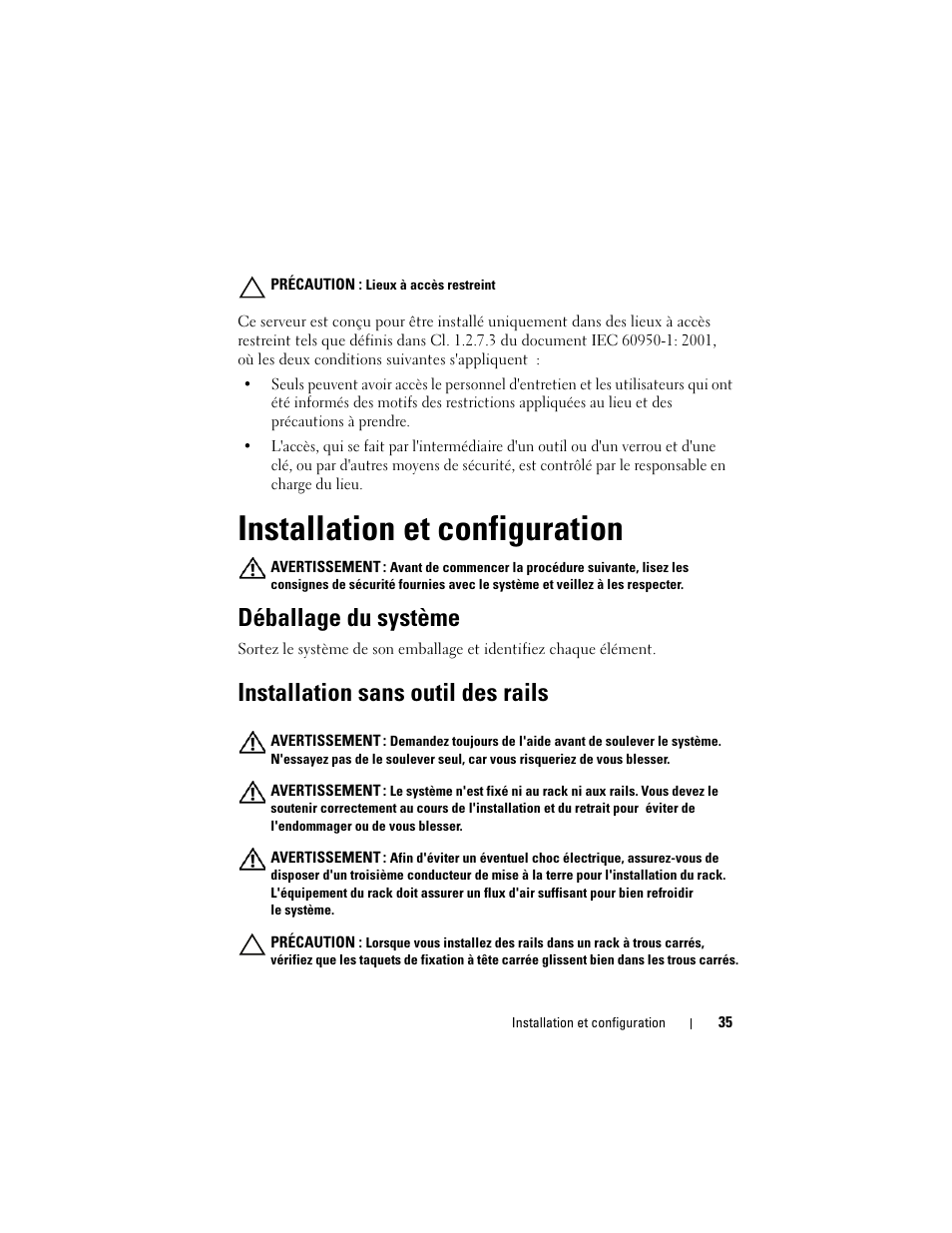 Installation et configuration, Déballage du système, Installation sans outil des rails | Dell PowerEdge C5230 User Manual | Page 37 / 156