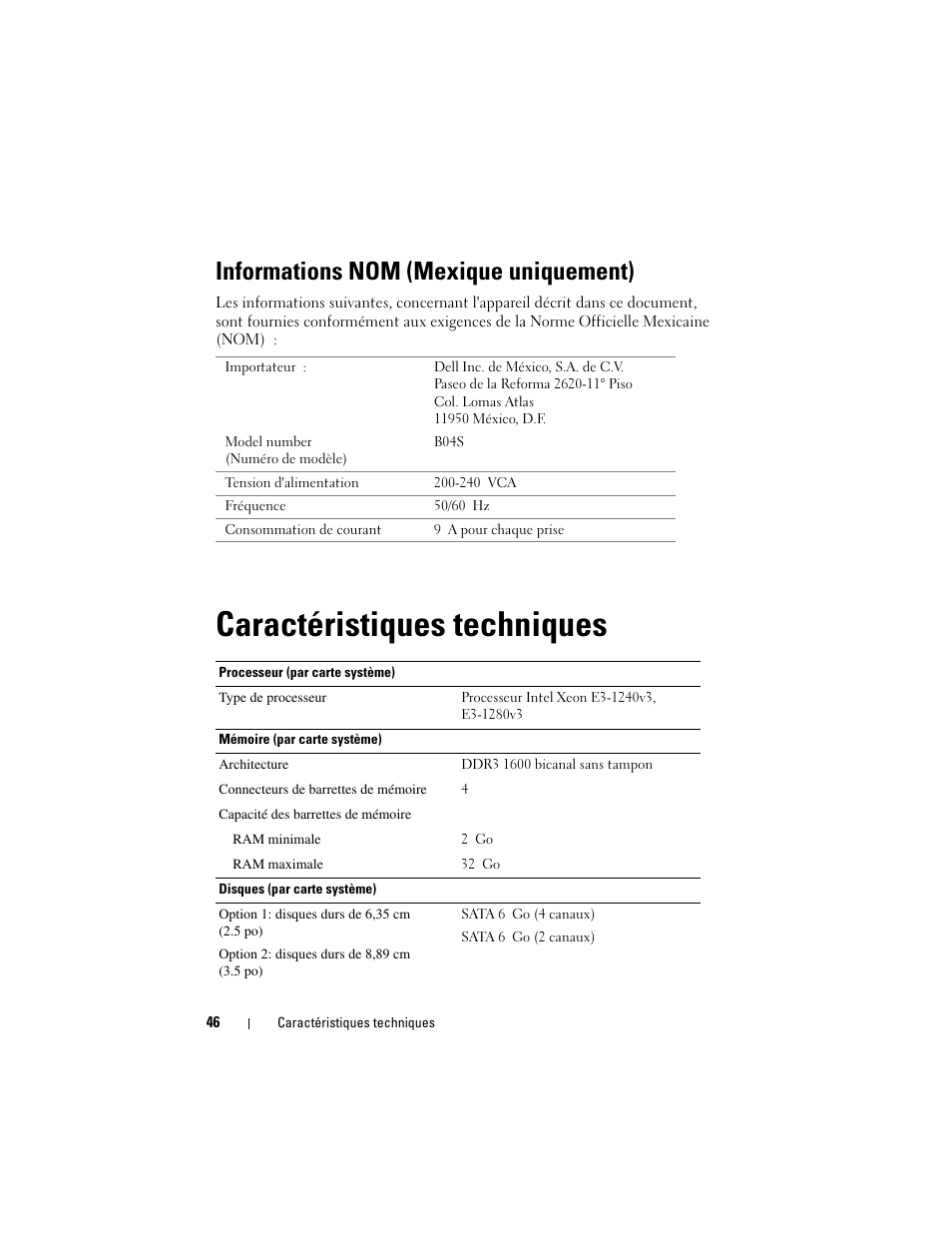Informations nom (mexique uniquement), Caractéristiques techniques | Dell PowerEdge C5230 User Manual | Page 48 / 156