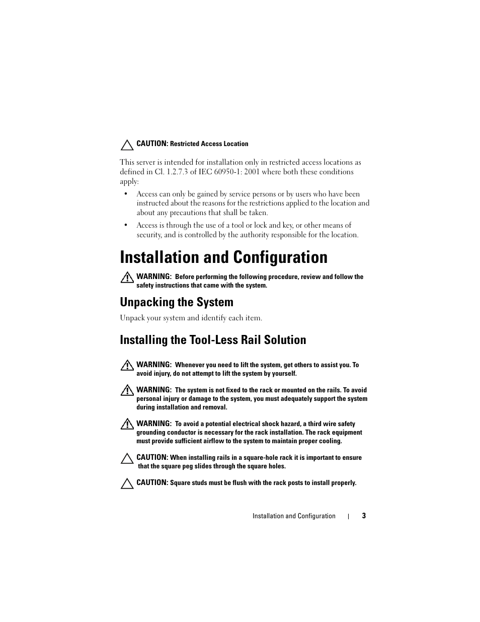 Installation and configuration, Unpacking the system, Installing the tool-less rail solution | Dell PowerEdge C5230 User Manual | Page 5 / 156