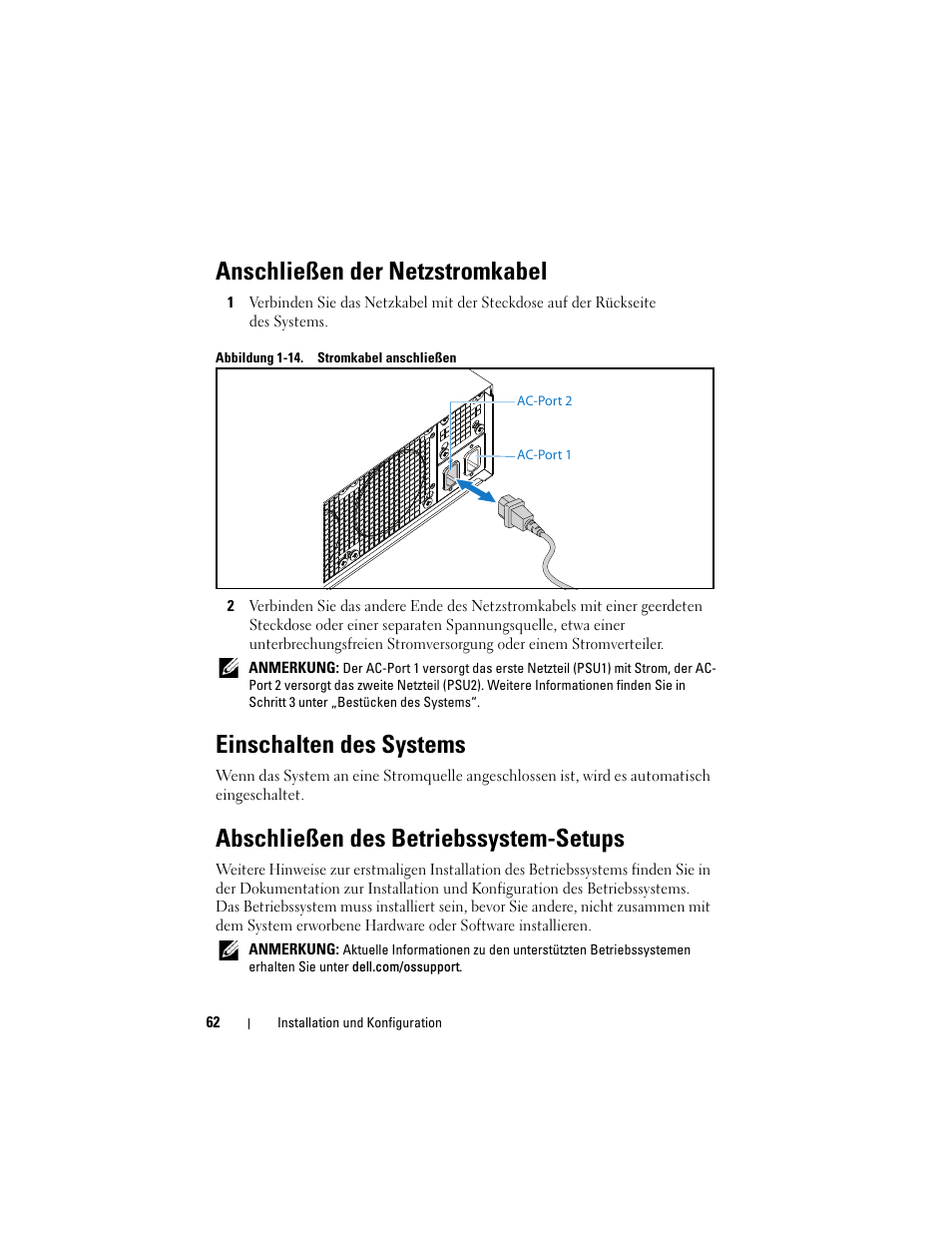 Anschließen der netzstromkabel, Einschalten des systems, Abschließen des betriebssystem-setups | Dell PowerEdge C5230 User Manual | Page 64 / 156