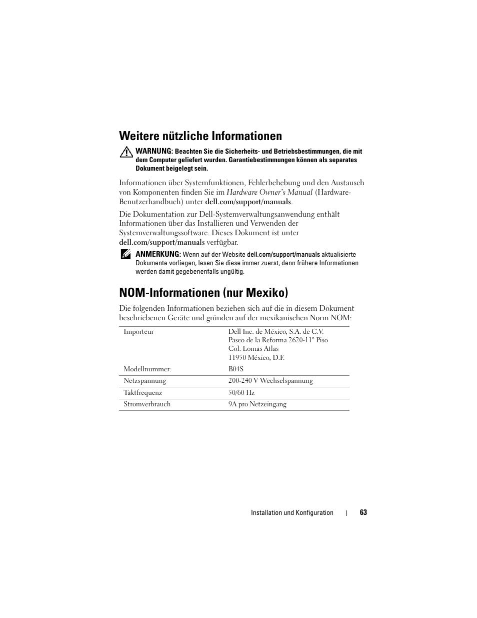 Weitere nützliche informationen, Nom-informationen (nur mexiko) | Dell PowerEdge C5230 User Manual | Page 65 / 156