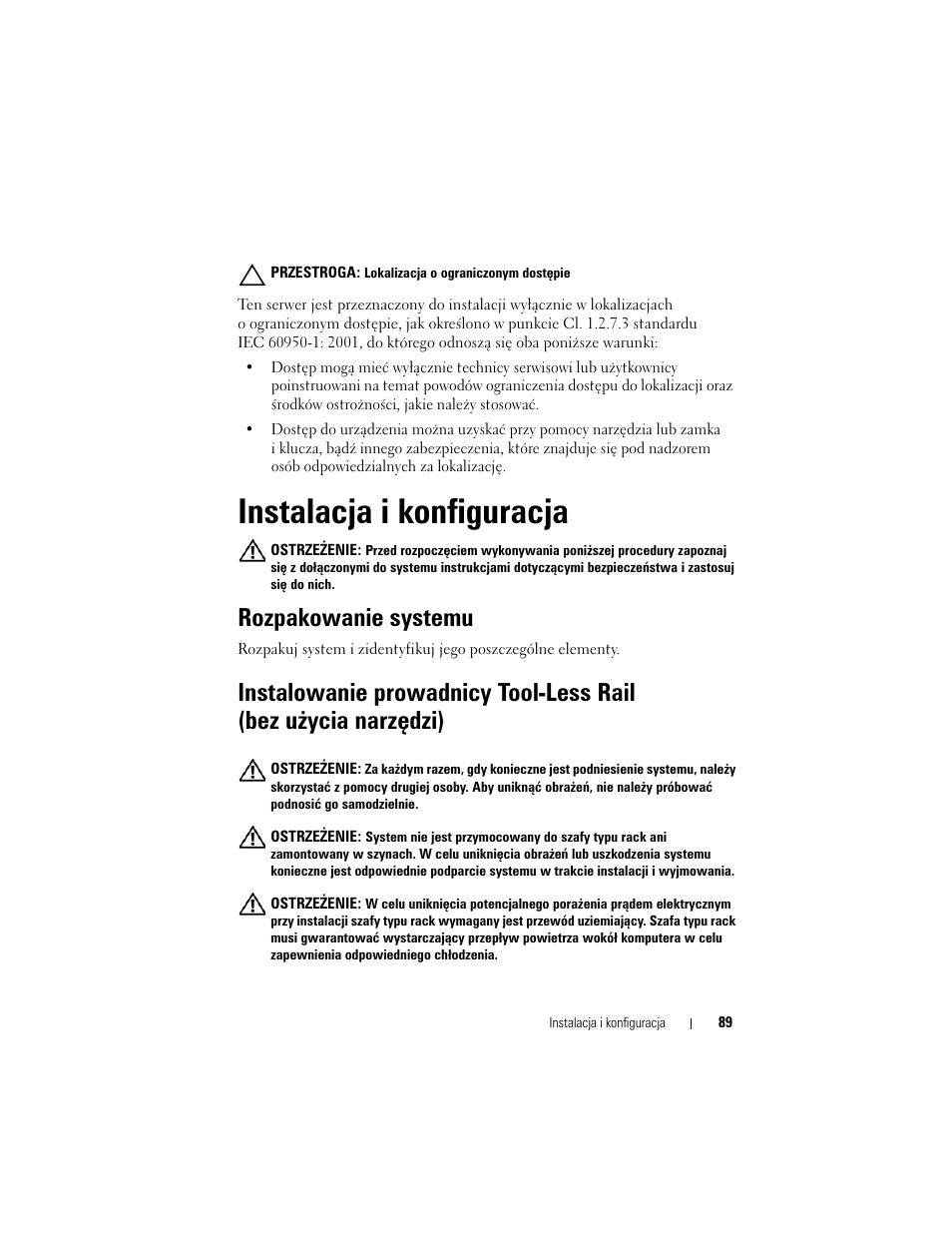Instalacja i konfiguracja, Rozpakowanie systemu | Dell PowerEdge C5230 User Manual | Page 91 / 156