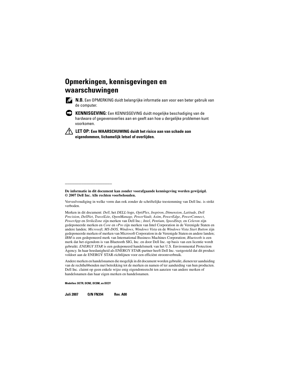 Opmerkingen, kennisgevingen en waarschuwingen | Dell OptiPlex 755 User Manual | Page 174 / 622