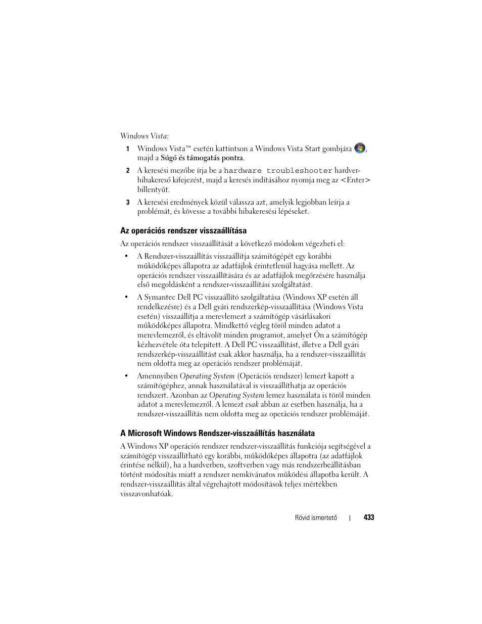 Az operációs rendszer visszaállítása, A microsoft | Dell OptiPlex 755 User Manual | Page 433 / 622