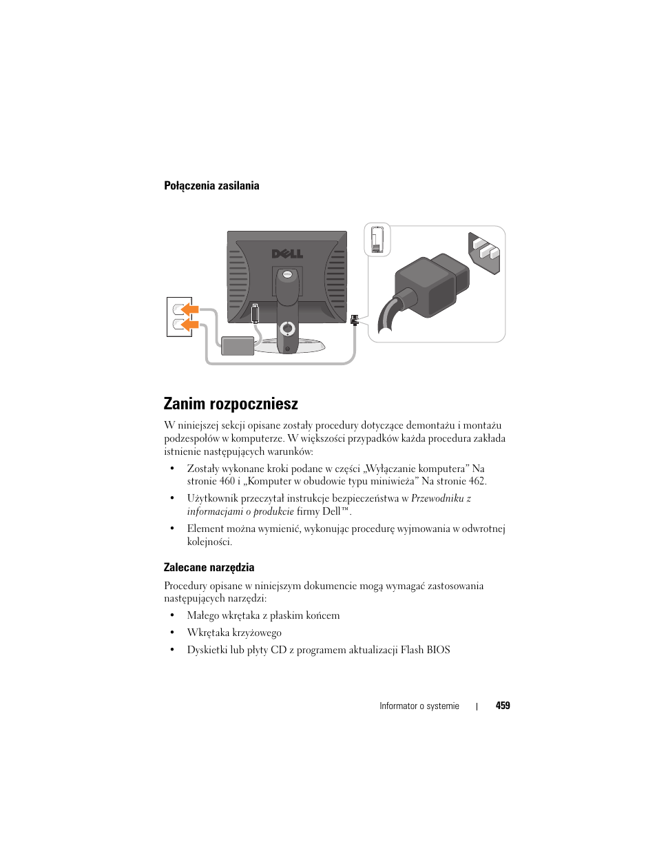 Połączenia zasilania, Zanim rozpoczniesz, Zalecane narzędzia | Dell OptiPlex 755 User Manual | Page 459 / 622