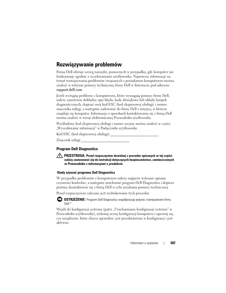 Rozwiązywanie problemów, Program dell diagnostics | Dell OptiPlex 755 User Manual | Page 507 / 622