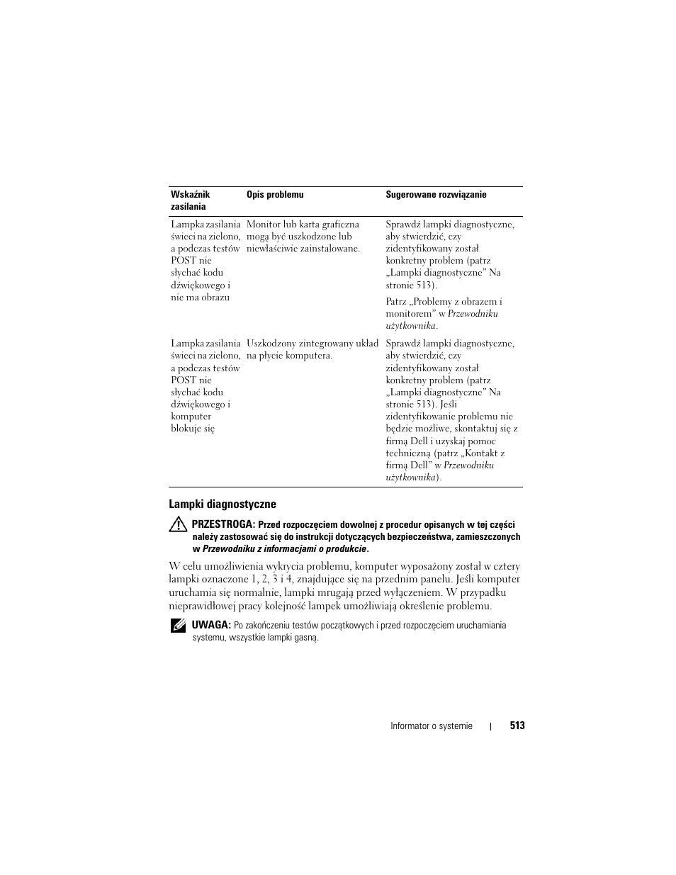 Lampki diagnostyczne | Dell OptiPlex 755 User Manual | Page 513 / 622