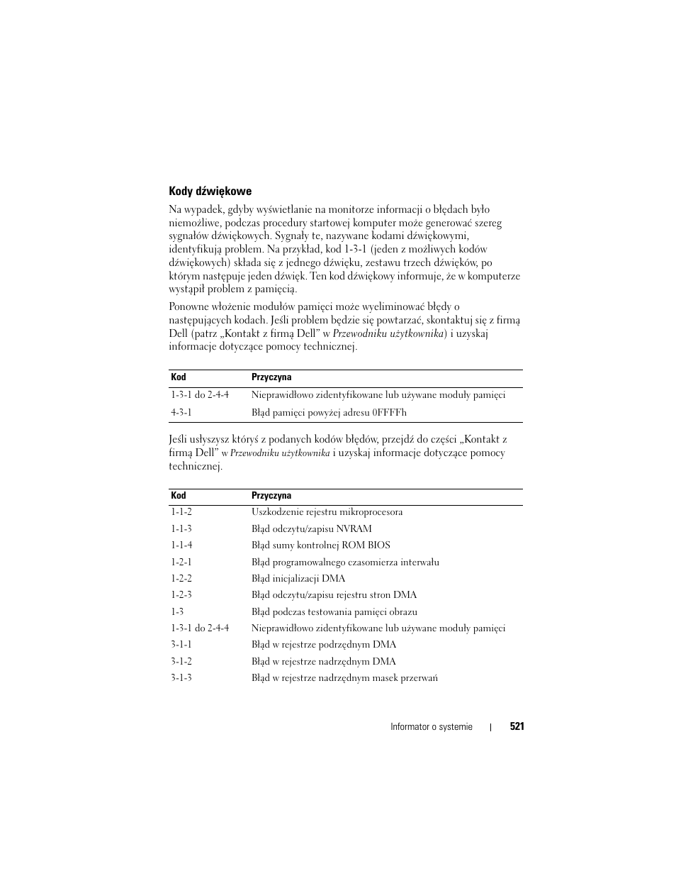 Kody dźwiękowe | Dell OptiPlex 755 User Manual | Page 521 / 622